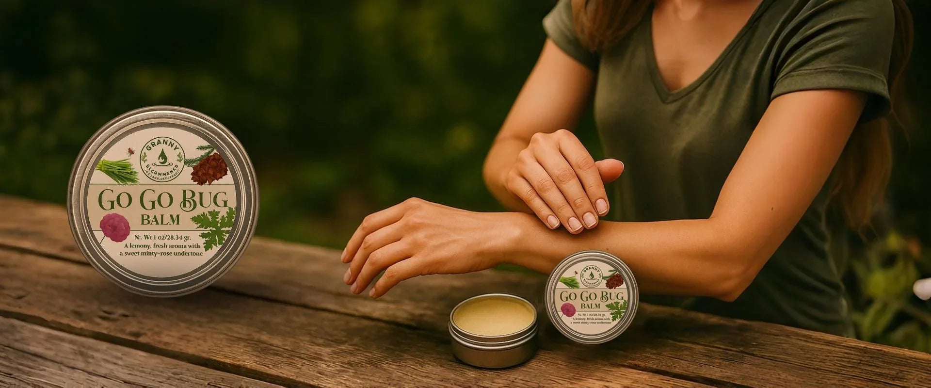 Woman applying natural bug repellent balm outdoors on wooden table with tin container visible