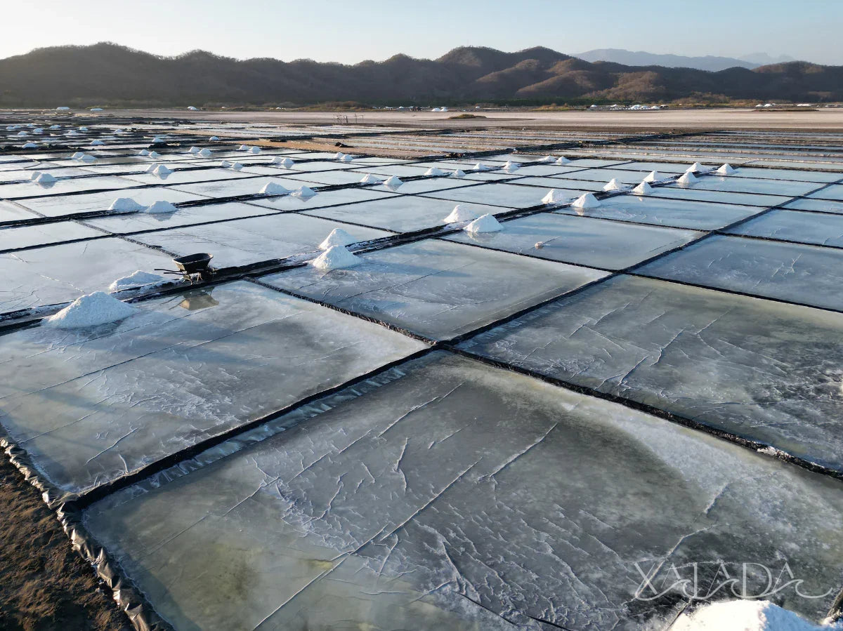 Hand-harvested sea salt piles in evaporation ponds with mountains in the background