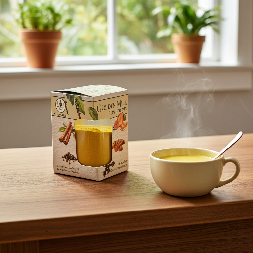 Golden milk powder mix box and steaming cup on wooden table near window with plants