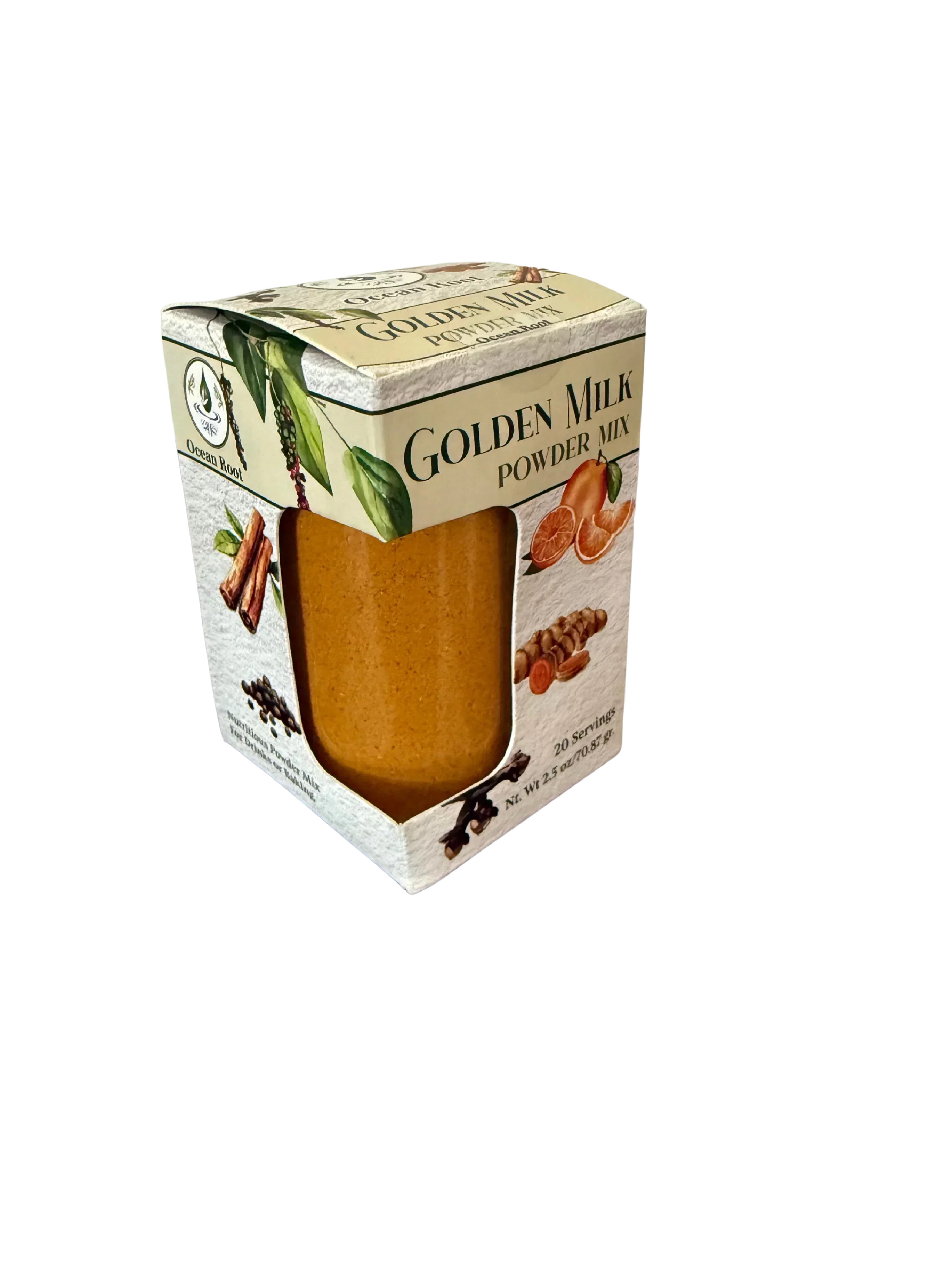 Golden Milk powder mix in a windowed box with spice illustrations on packaging