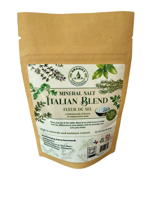 Kraft paper packaging of 'Italian Blend' mineral salt with brand logo and text on a white background