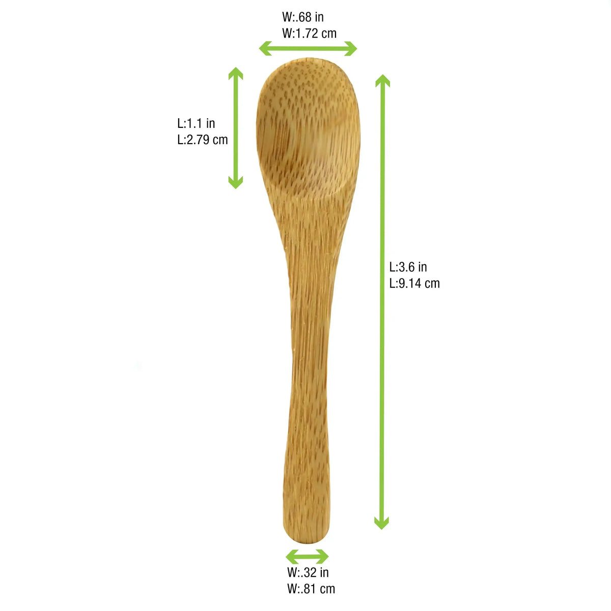 TUNG Bamboo Mini Spoon with detailed measurements in inches and centimeters