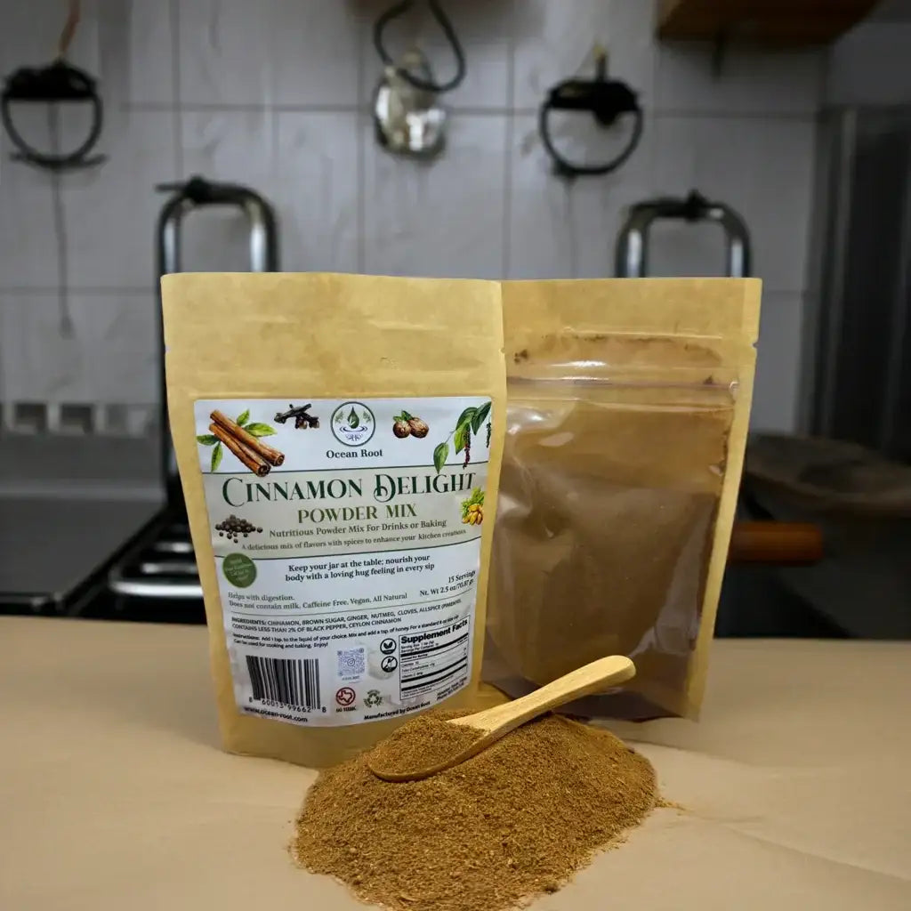 Ocean Root Cinnamon Delight powder mix in kraft pouches with a wooden scoop of spice.