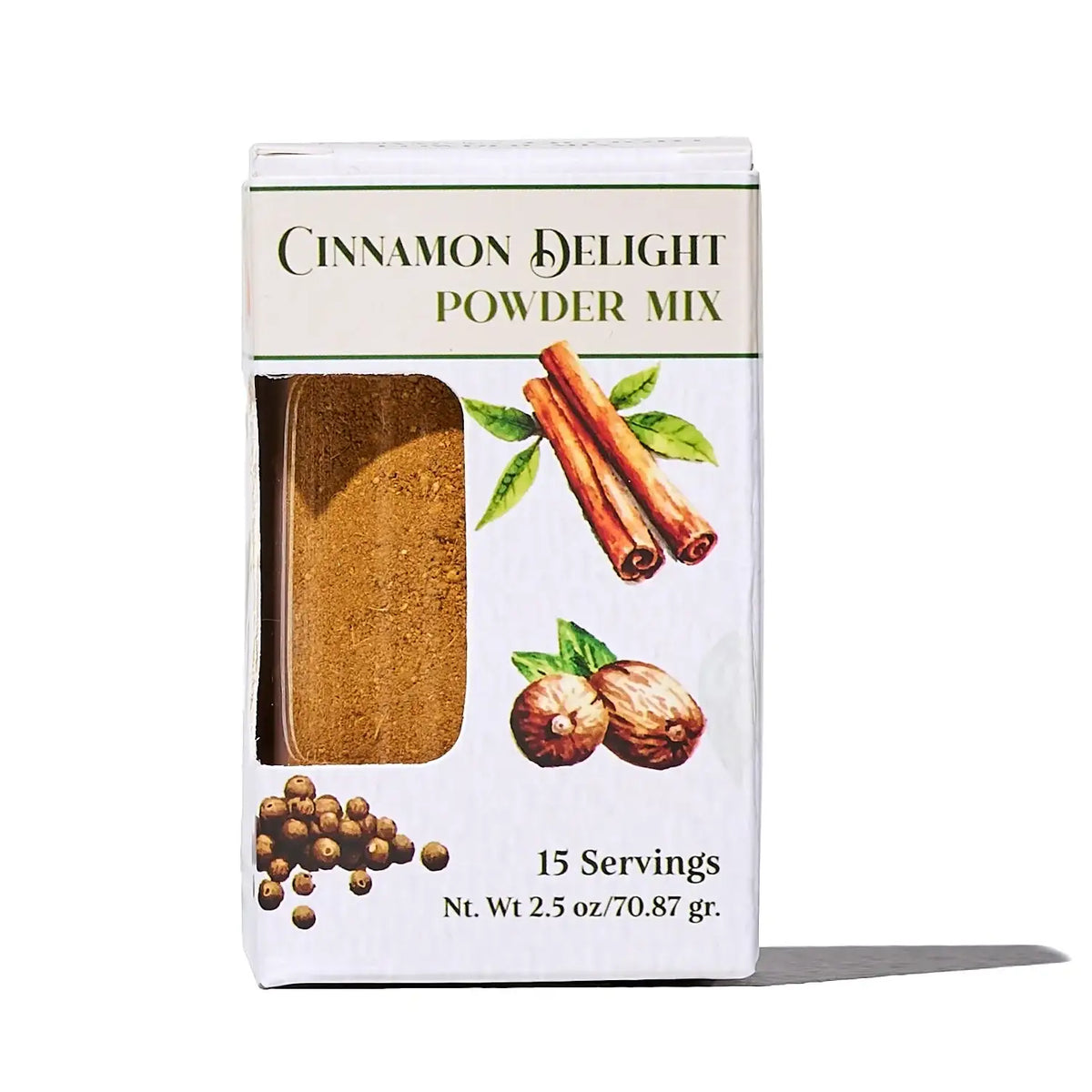 Ocean Root Cinnamon Delight Powder Mix packaging featuring cinnamon sticks and ground spice.