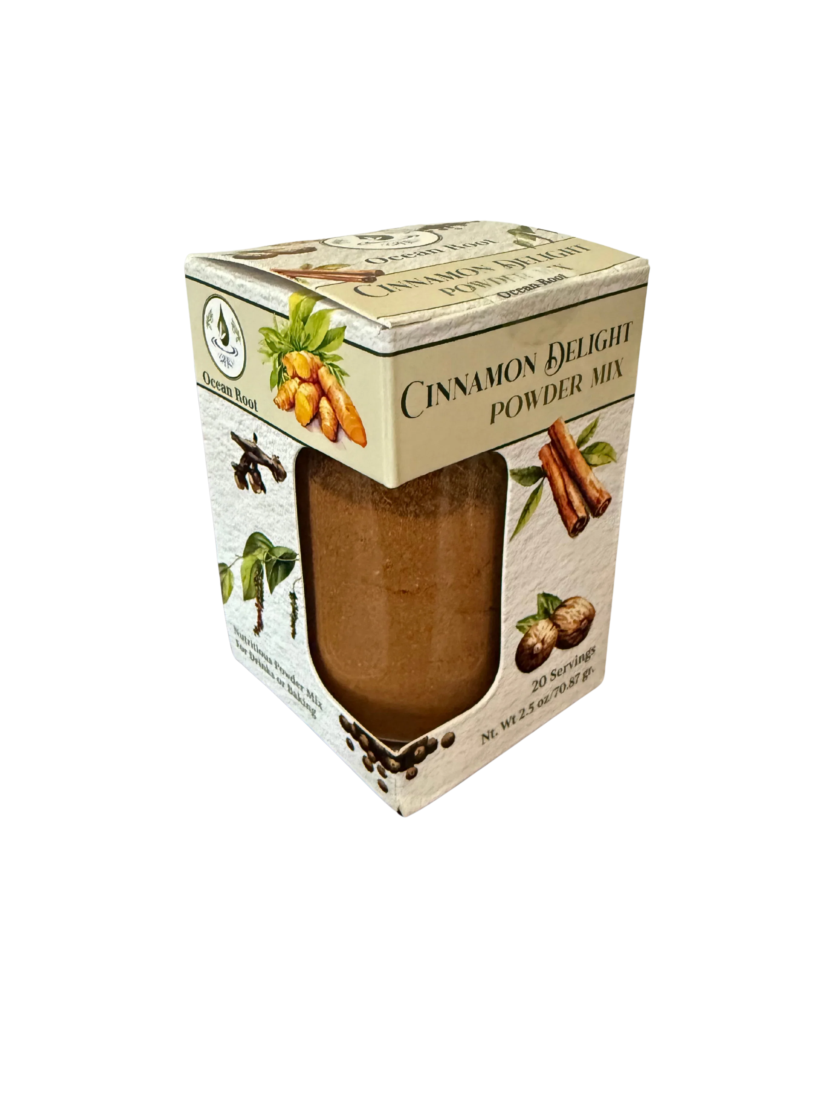 Cinnamon Delight powder mix box with illustrations of cinnamon, turmeric, and peppercorns.