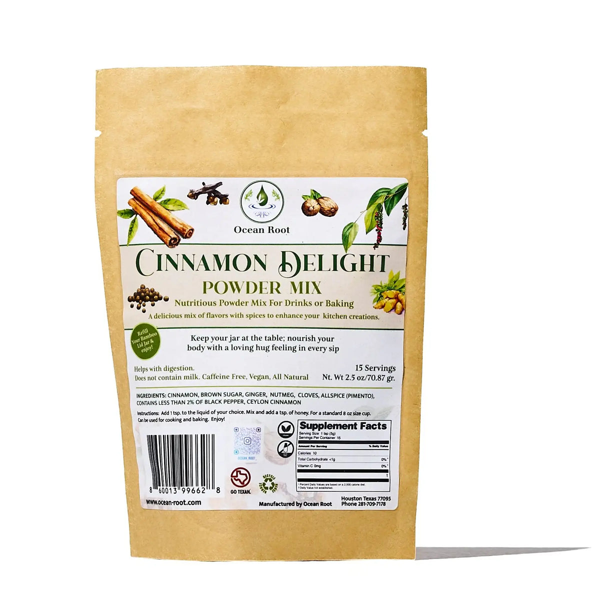 Ocean Root Cinnamon Delight powder mix refill pouch for drinks and baking.