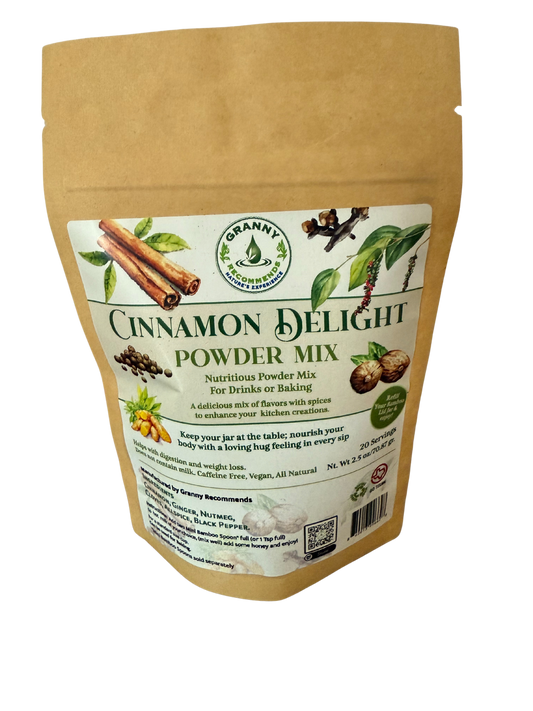 Package of Cinnamon Delight Powder Mix with label on a white background