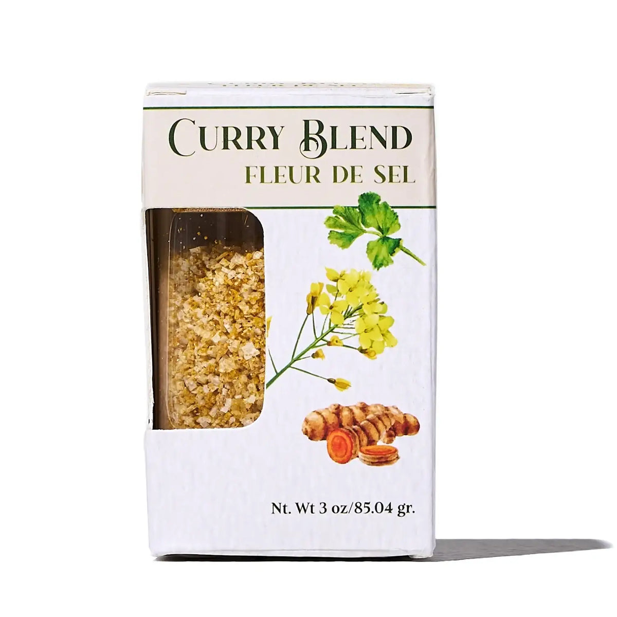 Ocean Root Fleur de Sel Curry Blend seasoning in a white box with a window showing the blend.