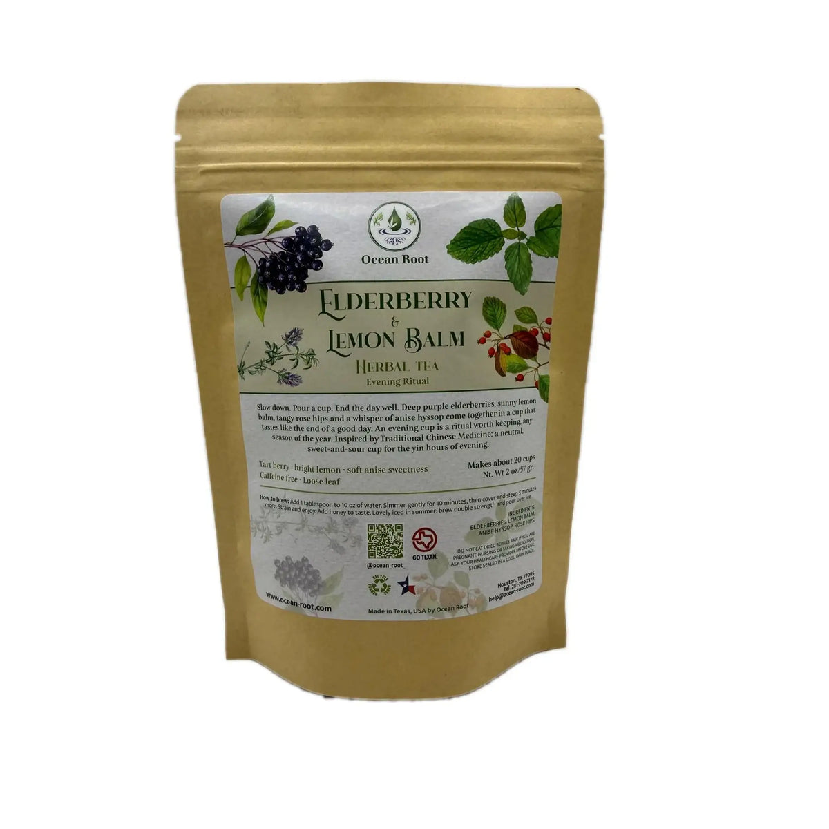 Ocean Root Evening Ritual elderberry and lemon balm herbal tea pouch, 2 oz