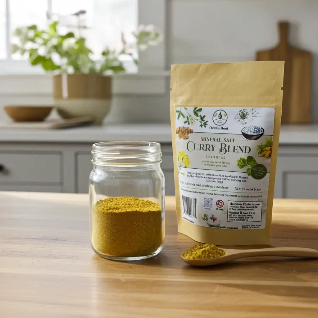 Ocean Root Mineral Salt Curry Blend in a glass jar and kraft refill pouch on a wooden table