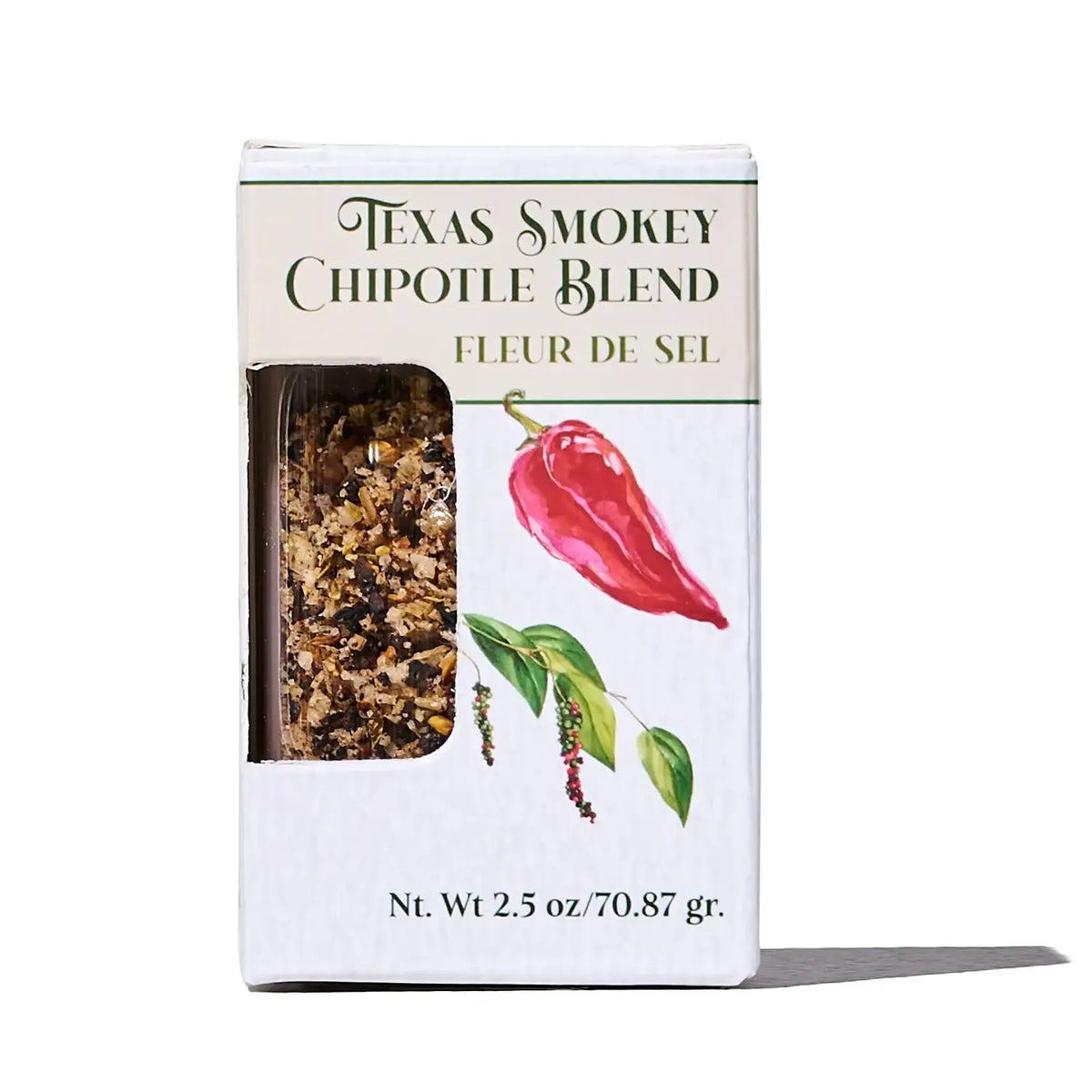Ocean Root Texas Smokey Chipotle Blend Fleur de Sel seasoning in a white box.