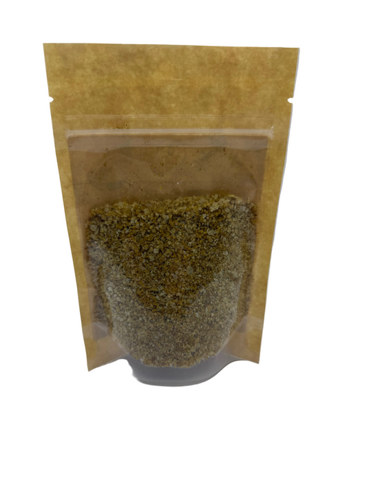Brown paper bag with a clear window containing a Mineral Salt with Curry Spices on a white background.