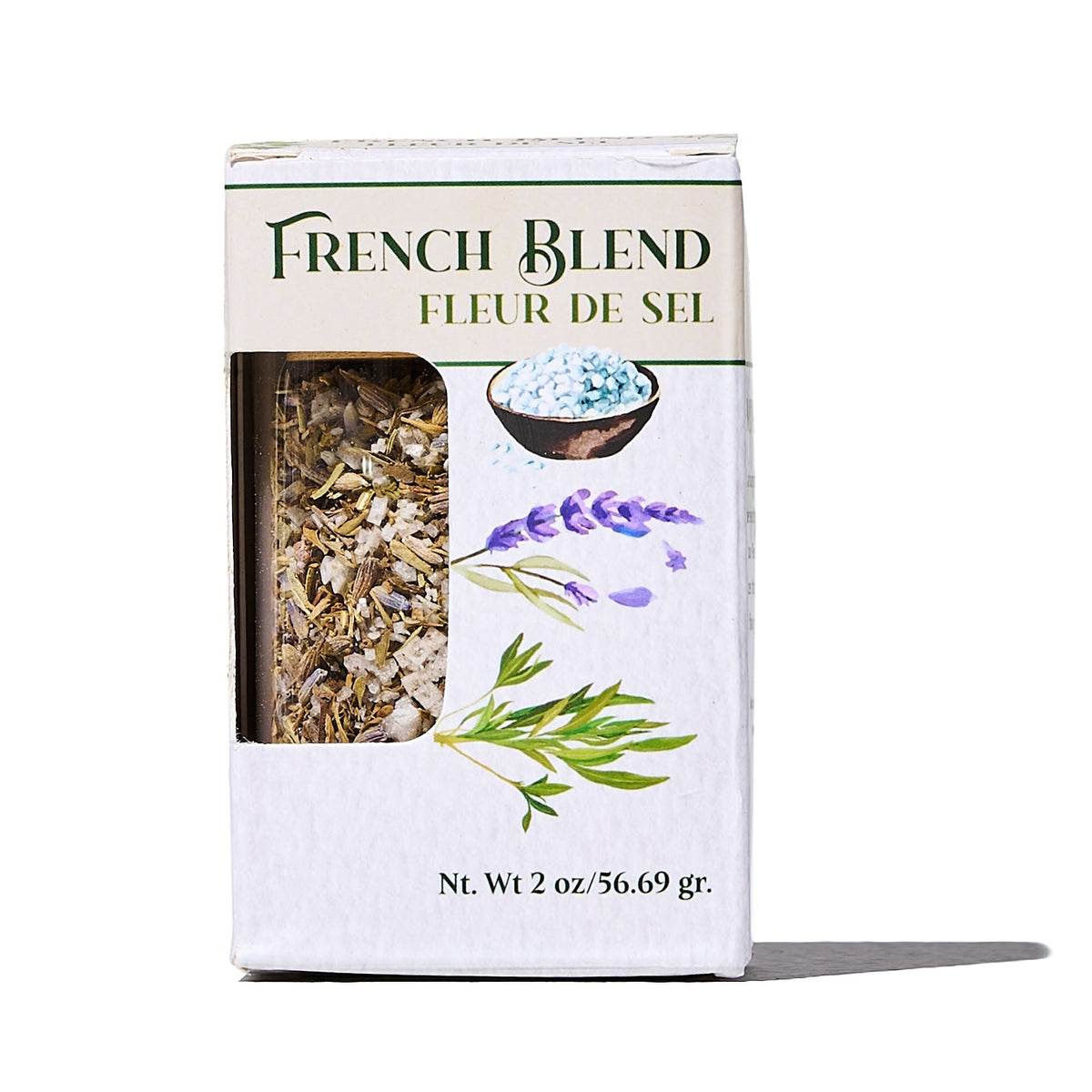 White packaging of glass jar with Finishing salt and French herbal blend.