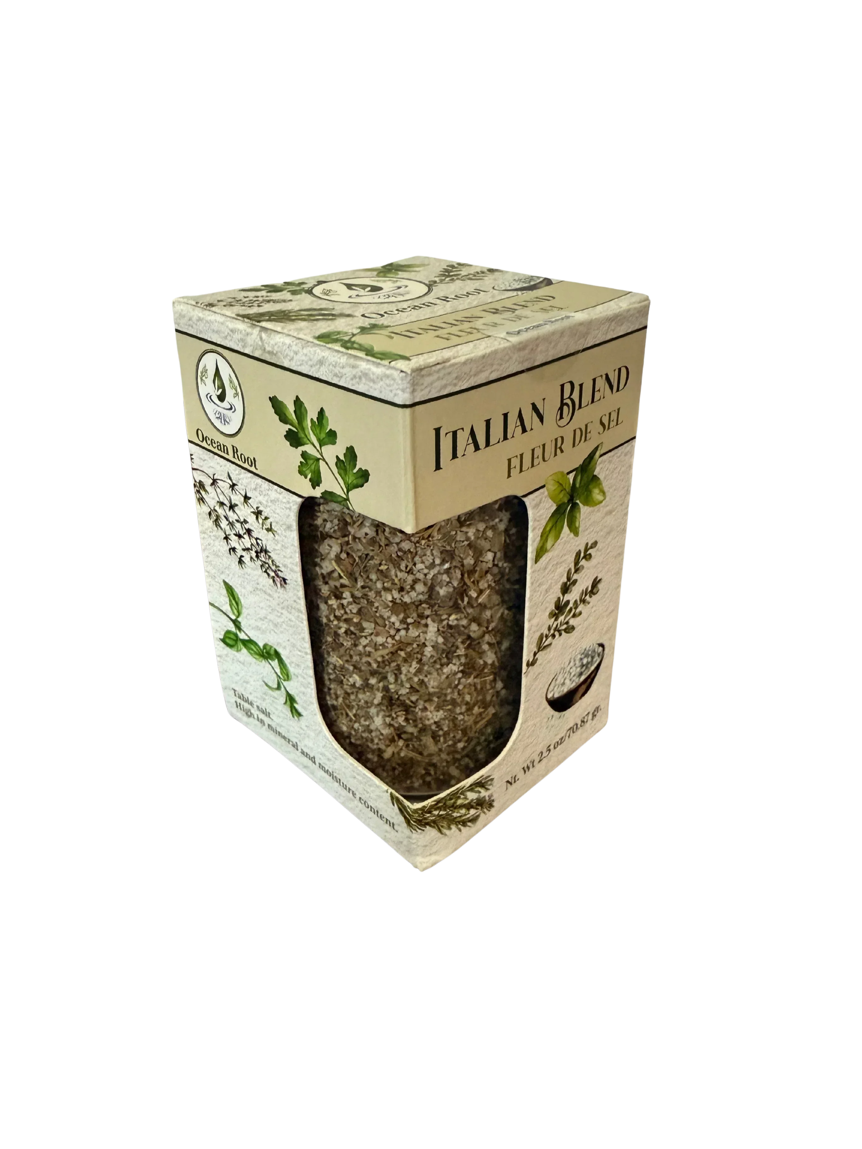Box of Italian Blend Fleur de Sel gourmet sea salt with herbs, front view