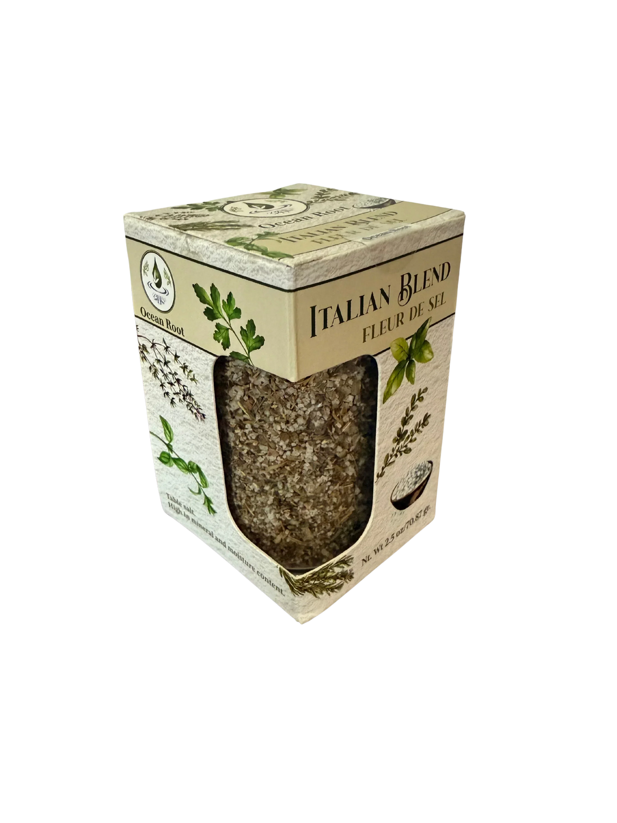 Ocean Root Italian Blend Fleur de Sel seasoning in a cardboard packaging box