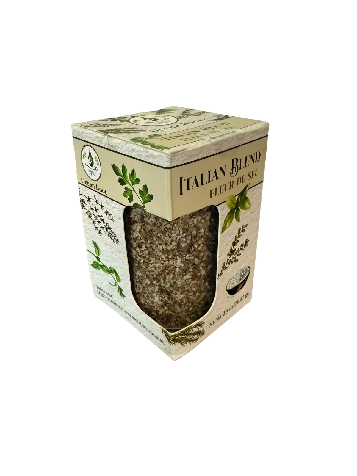 Ocean Root Italian Blend Fleur de Sel seasoning in a cardboard packaging box