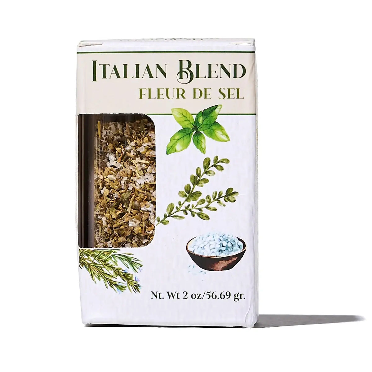 Ocean Root Italian Blend Fleur de Sel seasoning in a white cardboard package