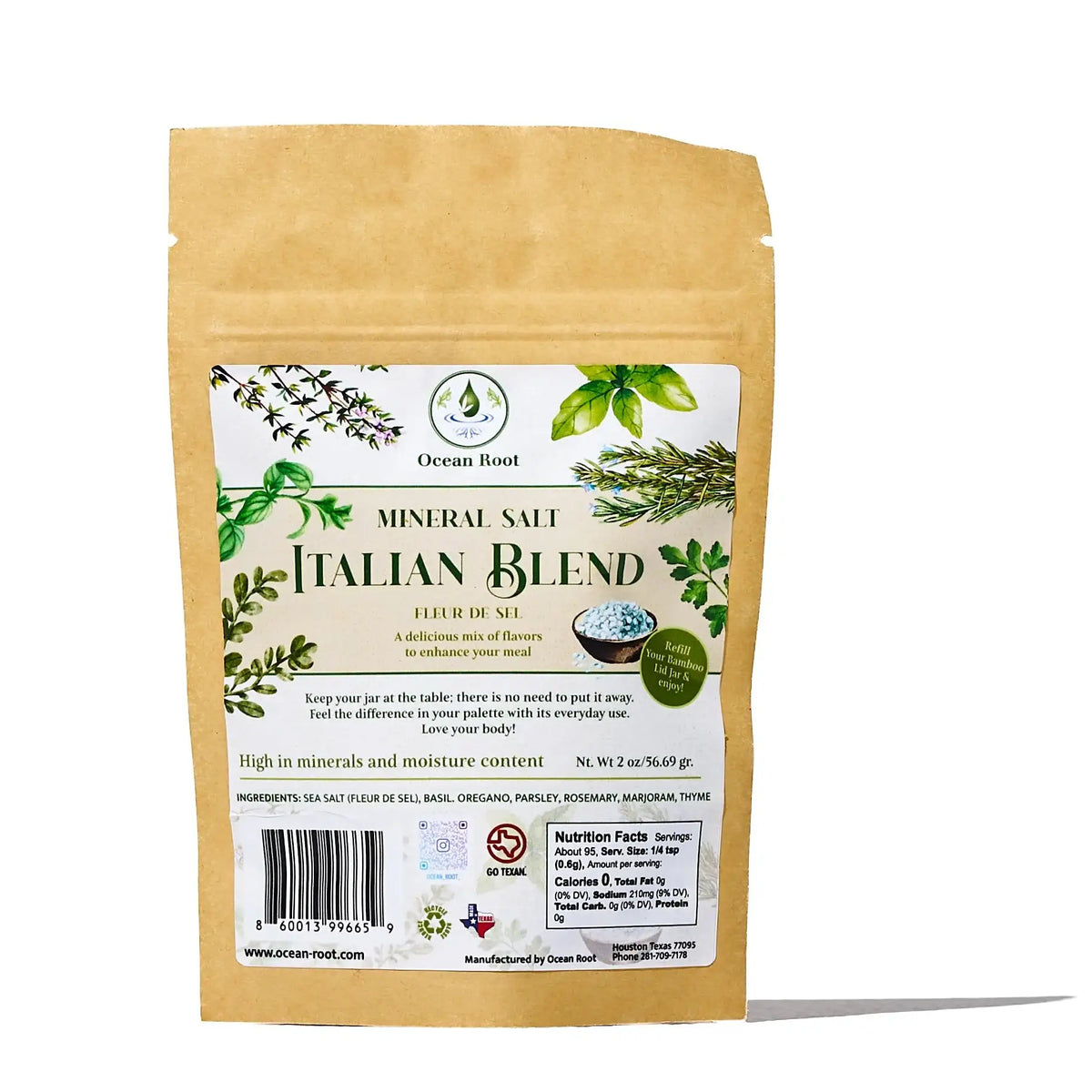 Ocean Root Fleur de Sel Italian Blend mineral salt refill in a brown kraft paper pouch