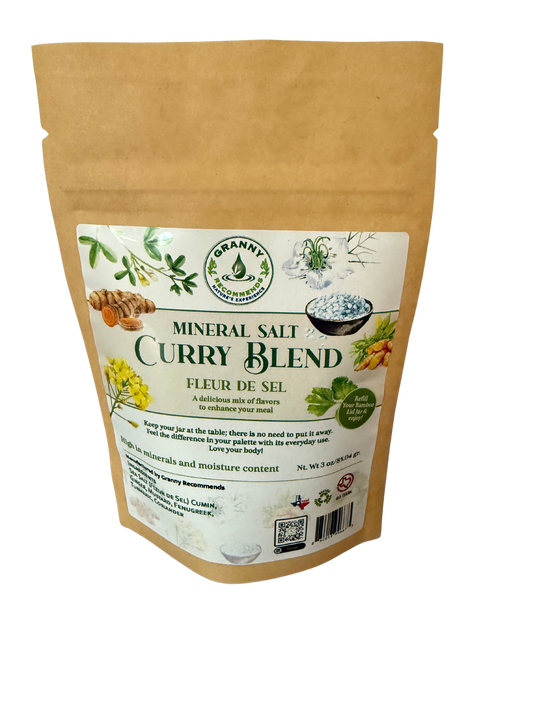 Kraft paper packaging of Mineral Salt Curry Blend with a label on a white background