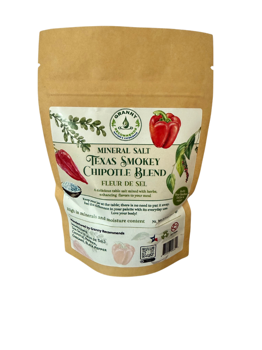 Kraft paper packaging of Texas Smokey Chipotle Blend with a label on a white background