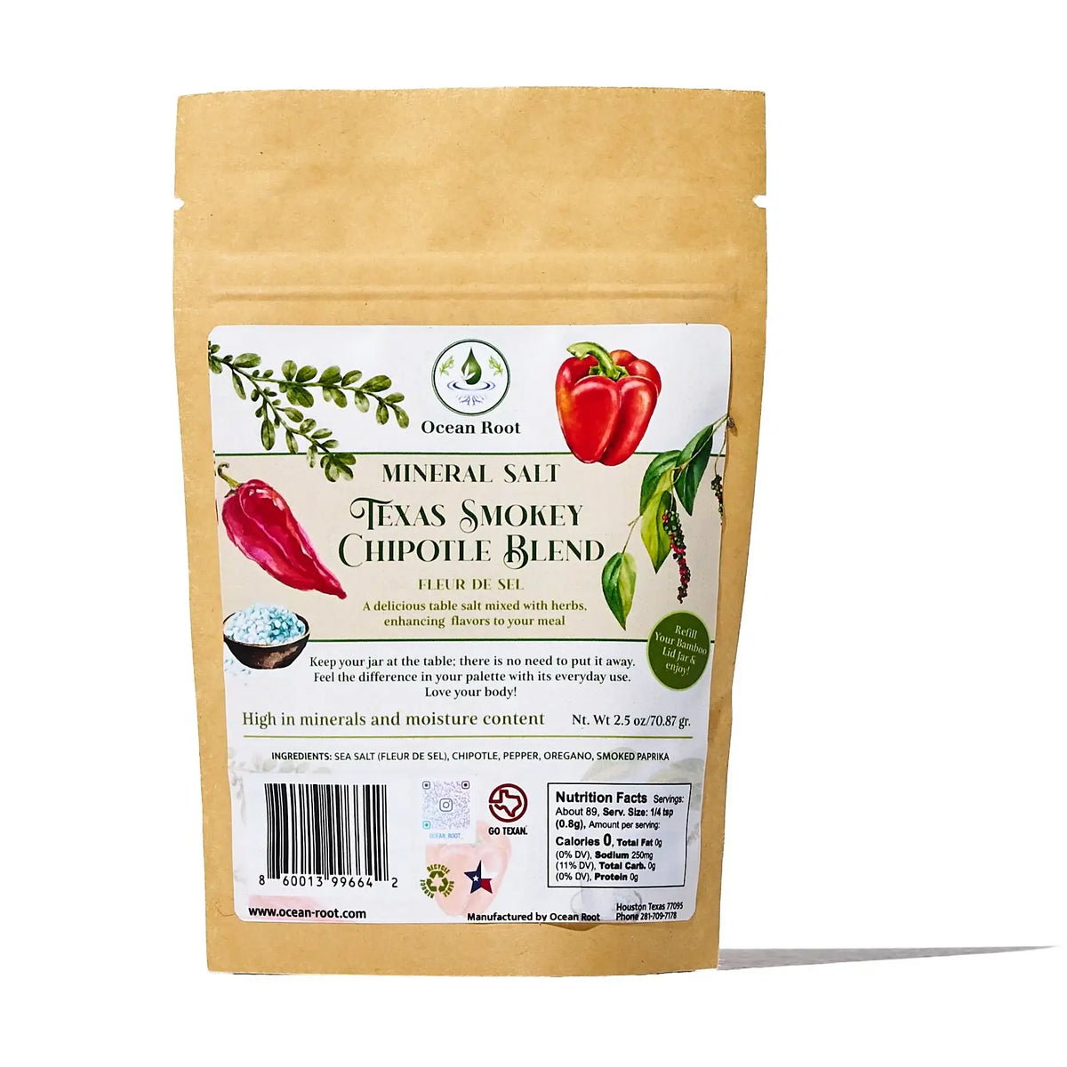 Ocean Root Texas Smokey Chipotle Blend Fleur de Sel mineral salt refill pouch
