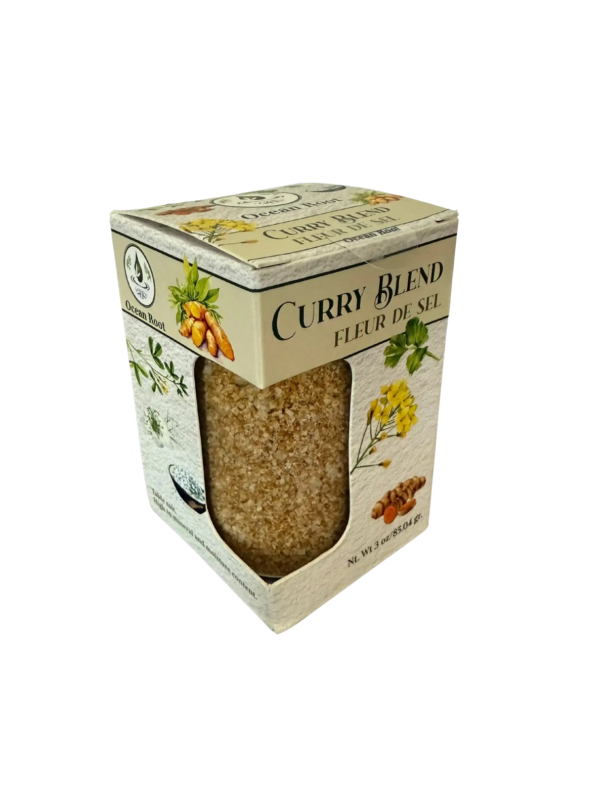 Ocean Root Fleur de Sel Curry Blend seasoning in a decorative box with a clear window.