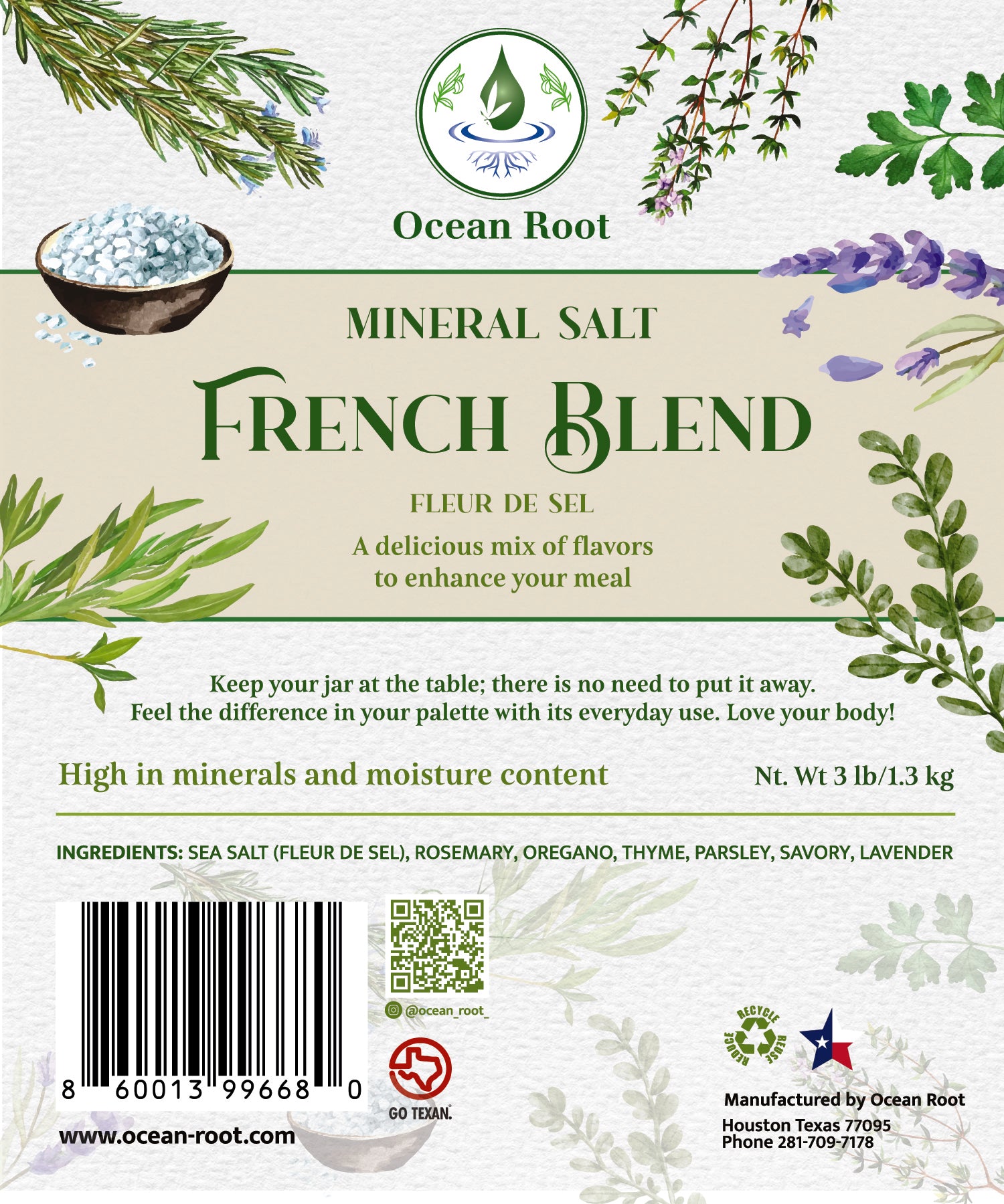 French Blend Mineral Salt with herbs, lavender, and rosemary for enhancing meals