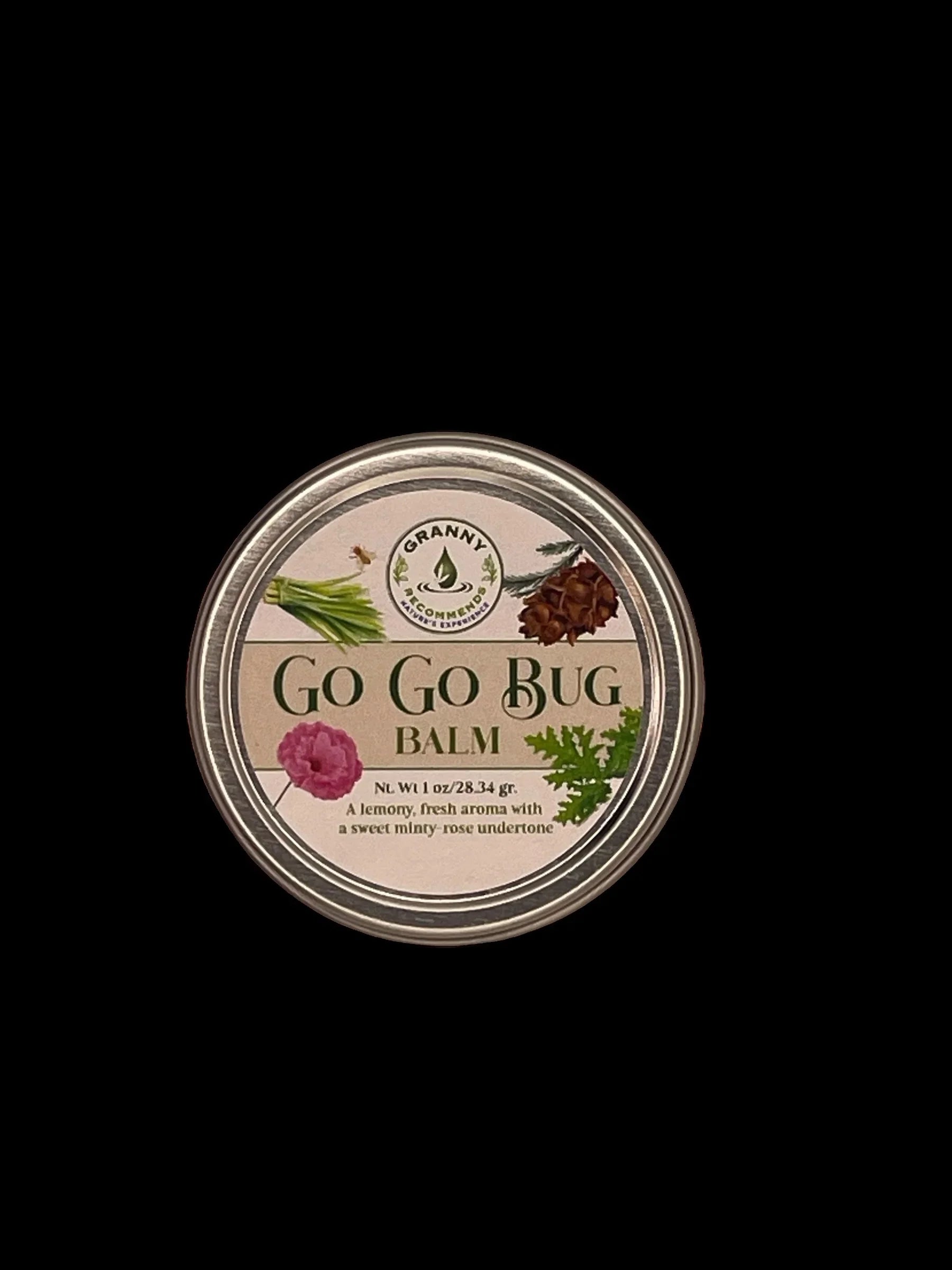Go Go Bug Balm tin with herbal illustrations on label for natural bug repellent