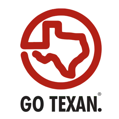 Red Texas state outline in a circle with Go Texan text below