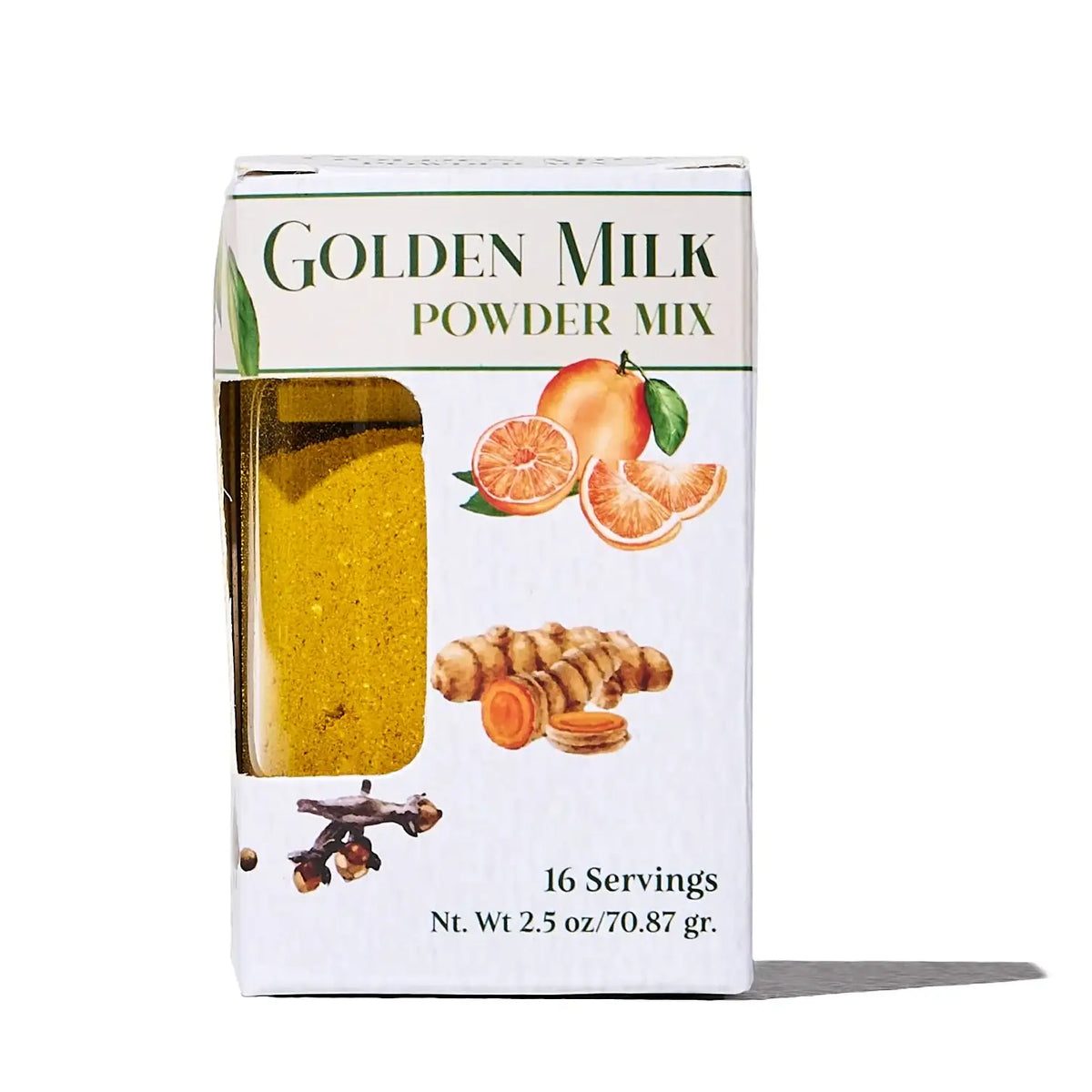 Ocean Root Golden Milk Powder Mix packaging featuring turmeric, ginger, and orange illustrations.