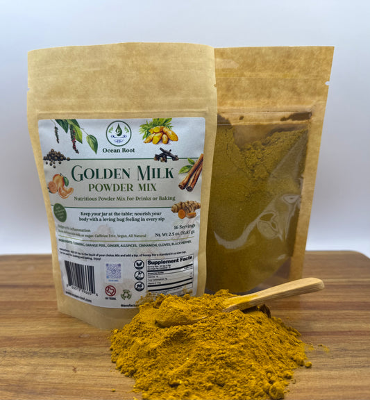Golden Milk Powder Mix packaging with powder on a wooden surface