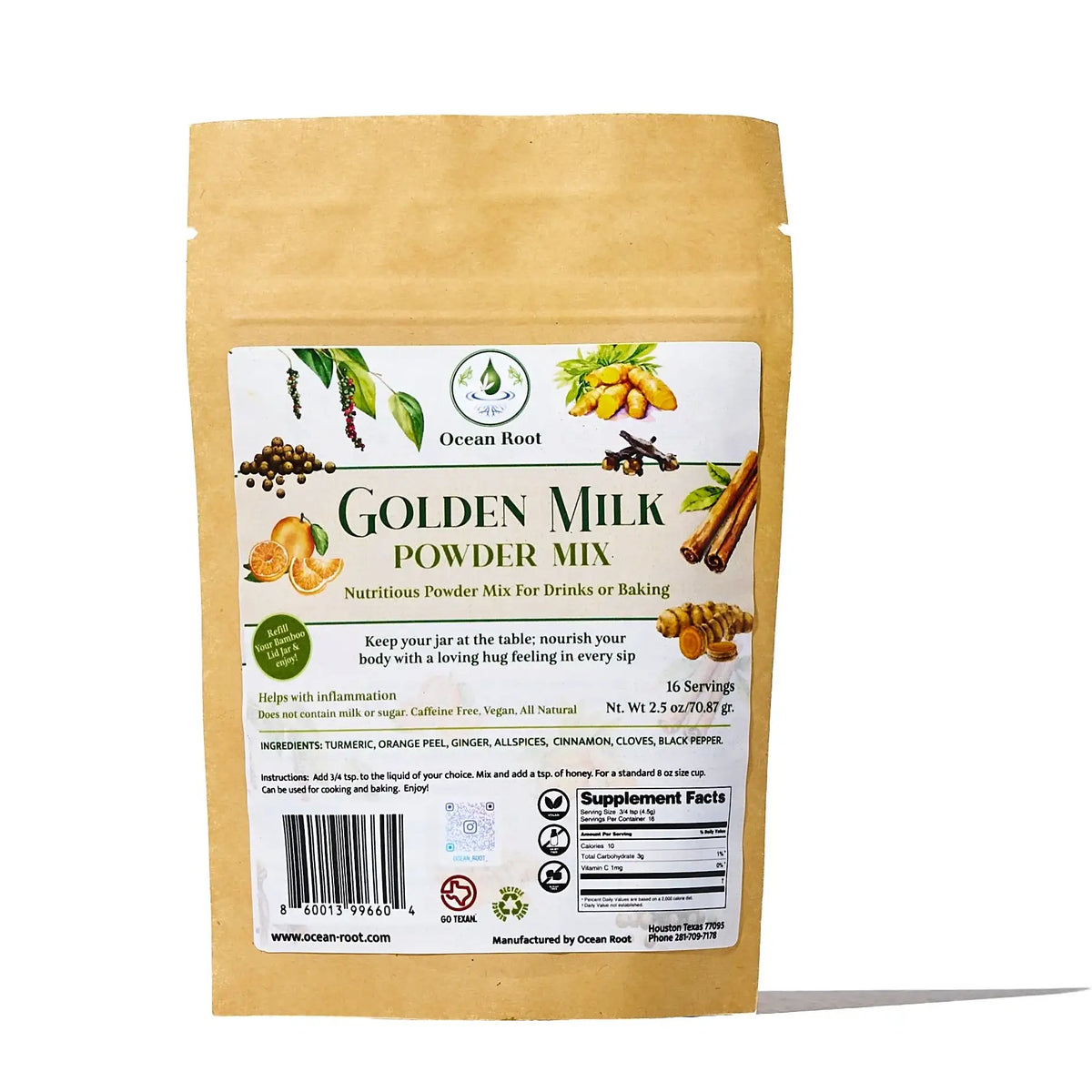 Ocean Root Golden Milk Powder Mix refill pouch with ingredients and supplement facts.