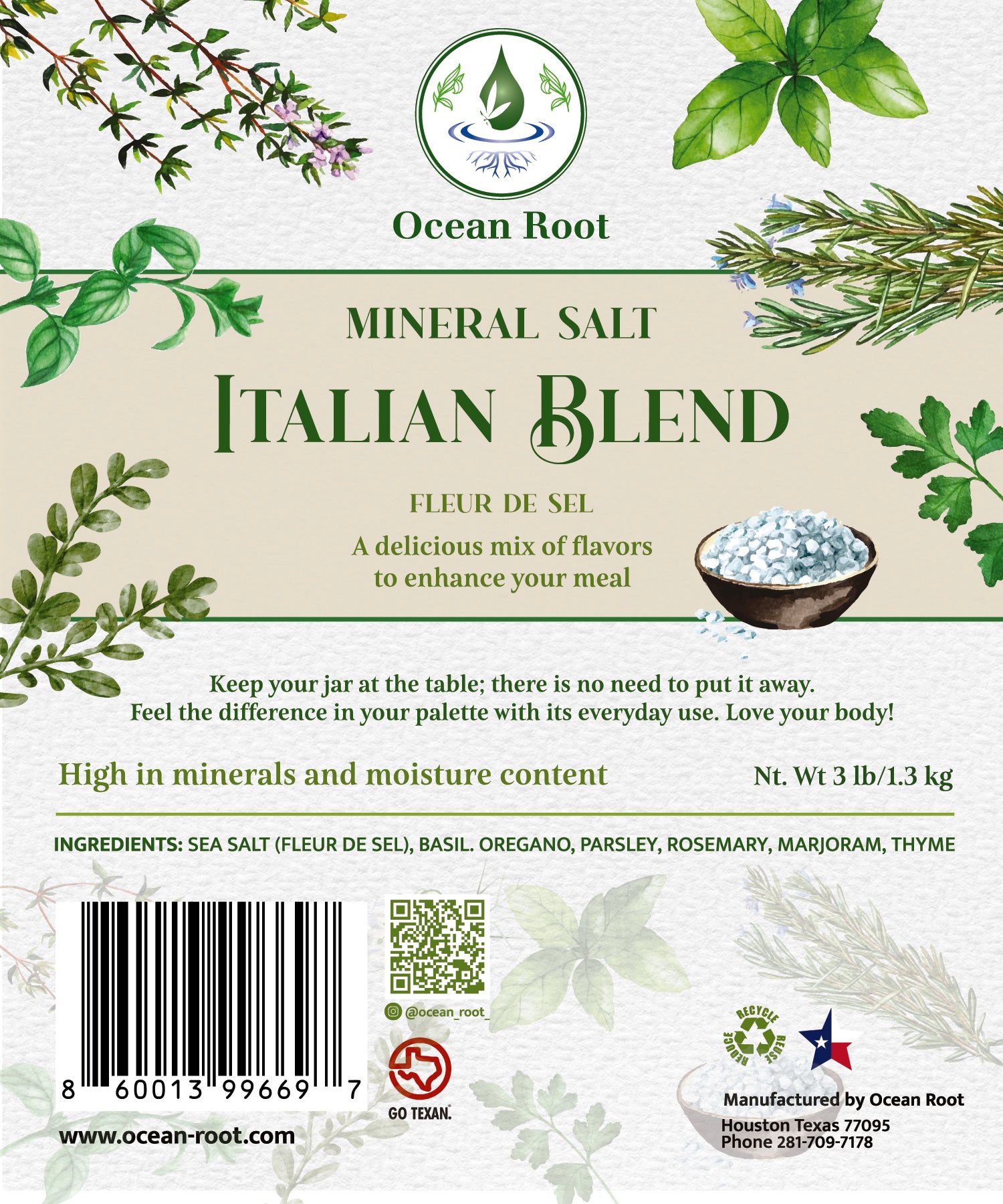 Italian Blend Mineral Salt with herbs, Fleur de Sel, and natural ingredients for flavorful meals