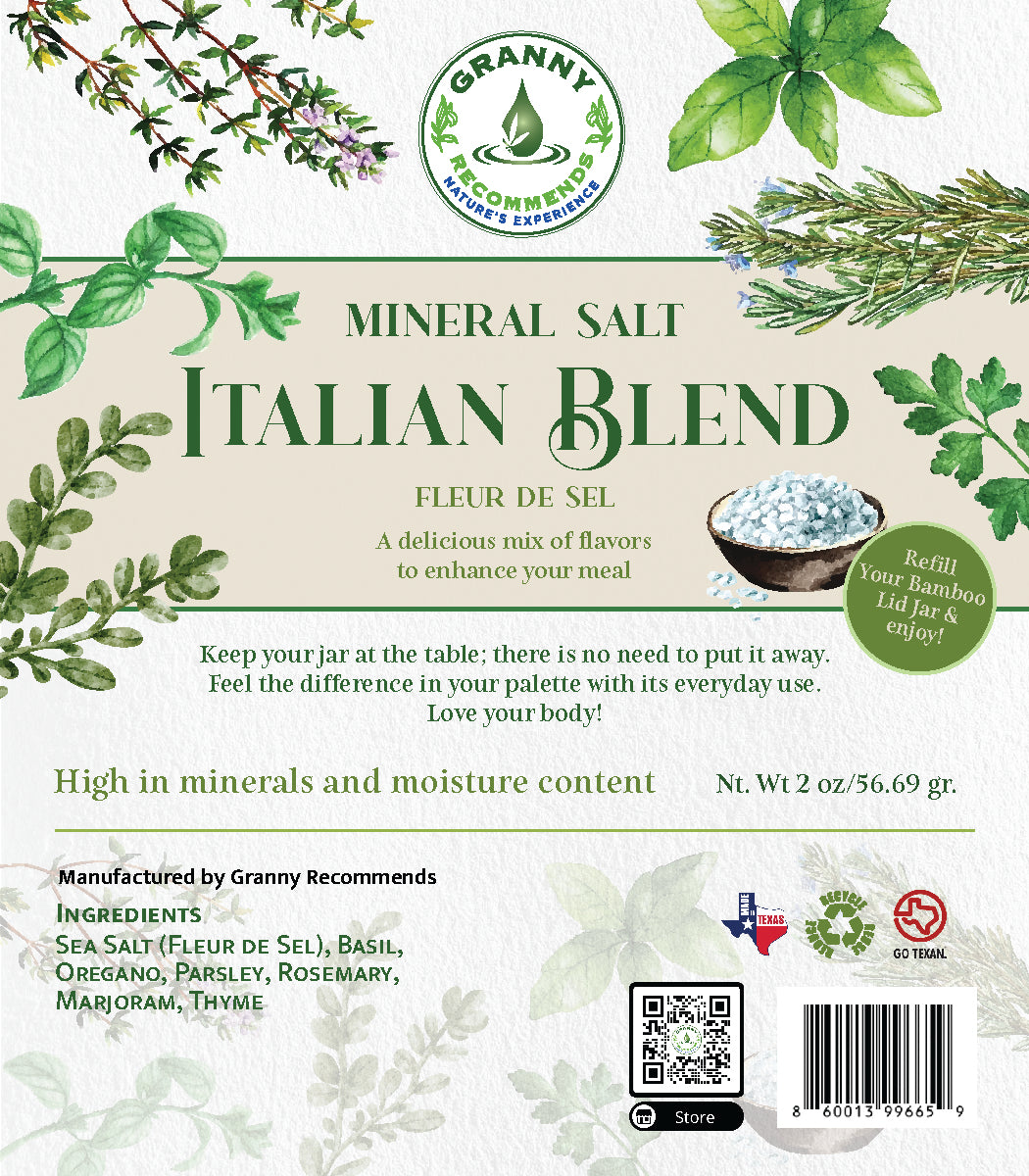 Label of a jar refill package of 'Granny Recommends Mineral Salt Italian Blend' featuring an image of a jar lid with herbs, and text listing the ingredients and product details.
