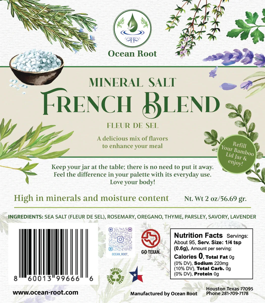 Mineral sea salt French blend label with bowl of fleur de sel, herbs, and nutrition facts.