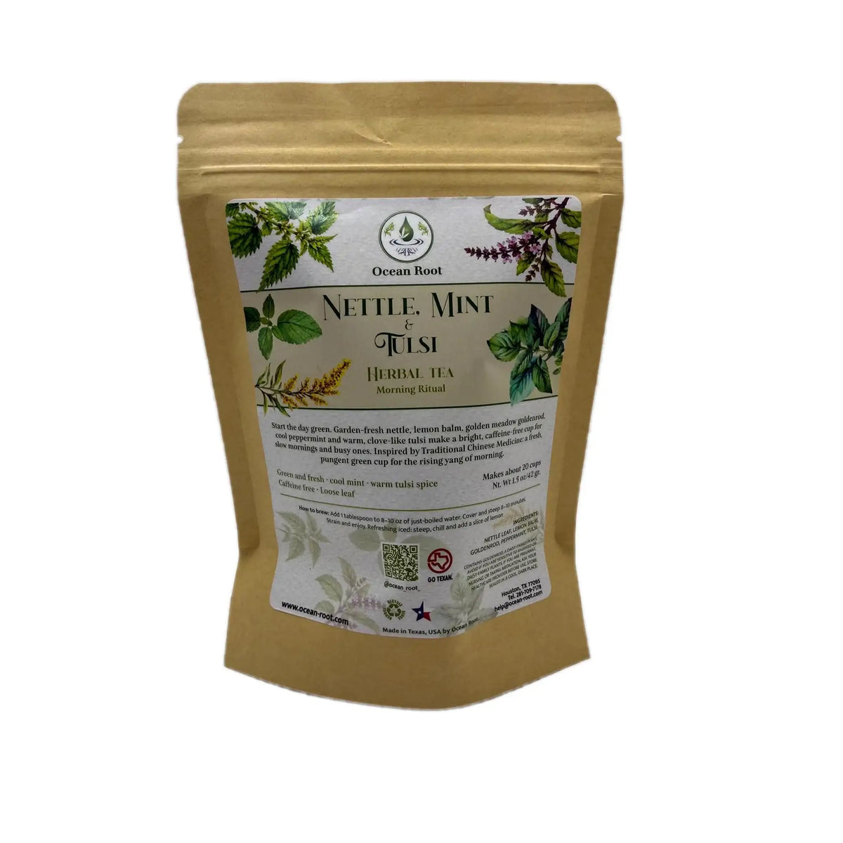 Ocean Root Morning Ritual nettle, mint and tulsi herbal tea pouch, 1.5 oz