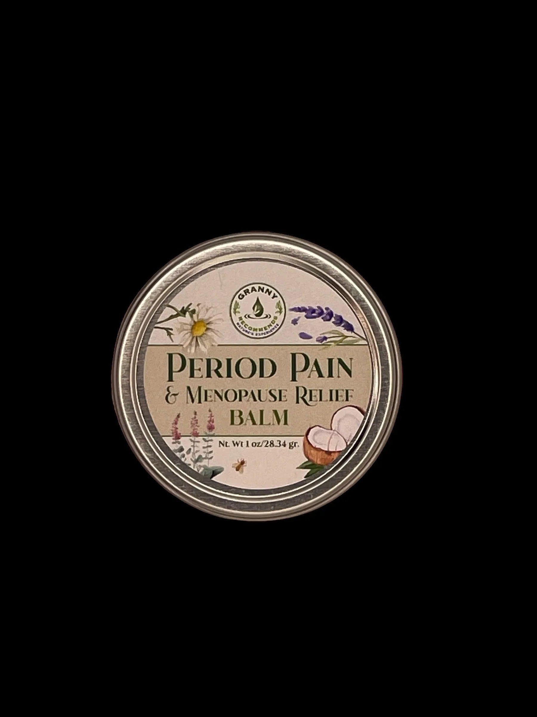 Tin of period pain and menopause relief balm with floral and plant illustrations on lid