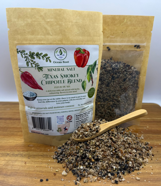 Packaged Texas Smokey Chipotle Blend with a wooden spoon on a wooden surface