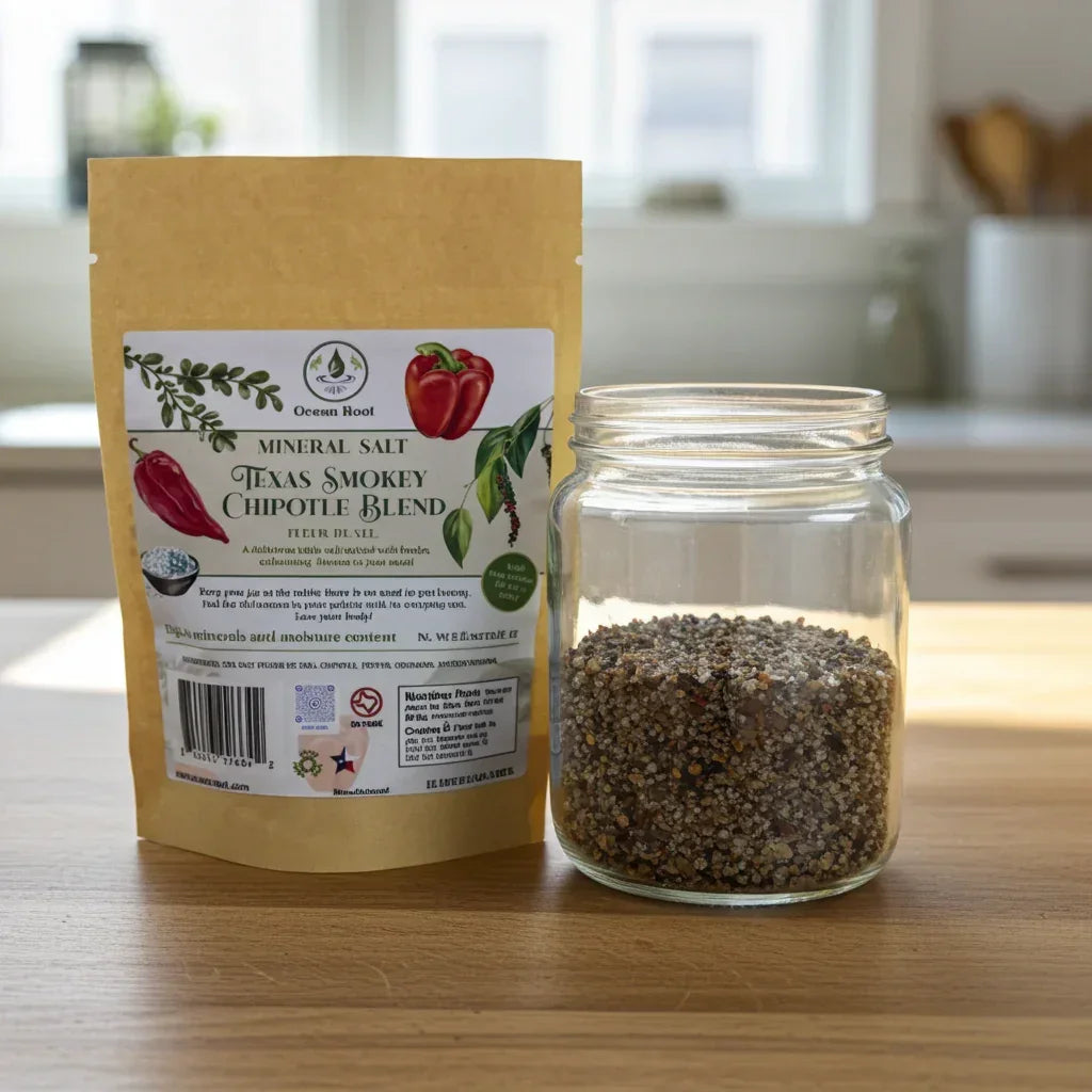 Texas Smokey Chipotle mineral salt refill packet and glass jar with spice blend on a kitchen counter