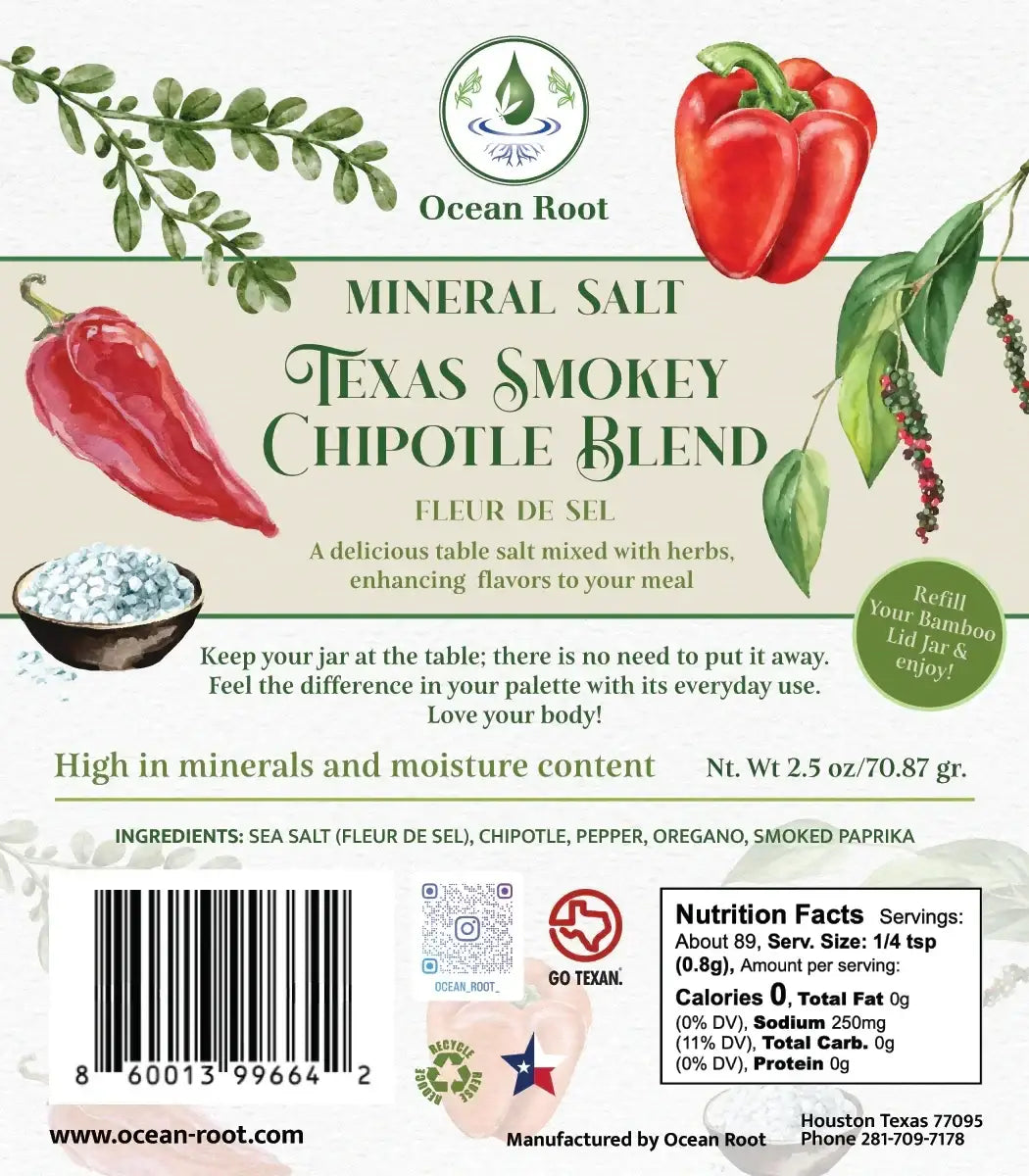 Ocean Root Texas Smokey Chipotle Blend Fleur de Sel mineral salt refill packaging.