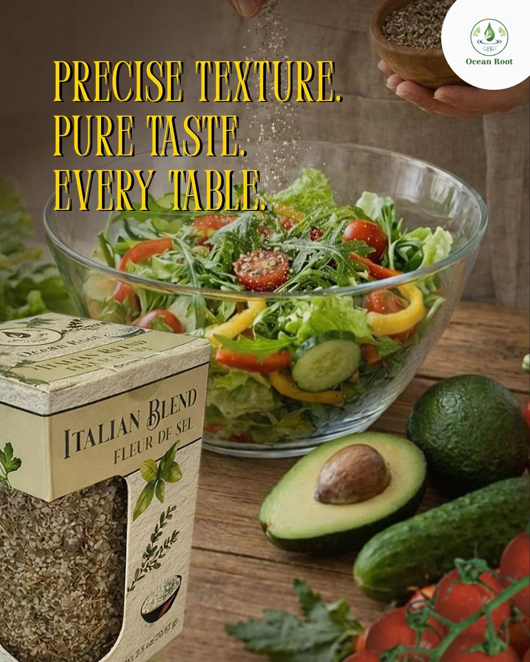 Italian Blend fleur de sel gourmet salt beside fresh salad, avocado, cucumber, and tomatoes.