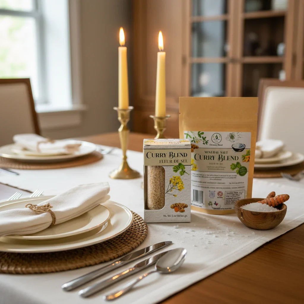 Curry blend fleur de sel spice bundle on an elegant dining table with candles and salt dish