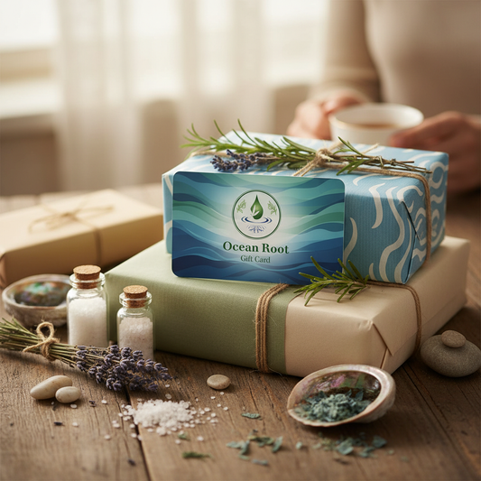 Ocean Root gift card in beautiful gift-giving scene with natural elements