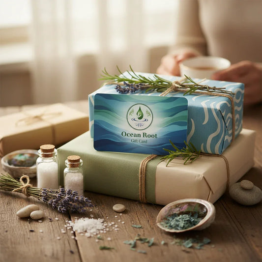 Ocean Root gift card on nature-inspired wrapped presents with herbs and bath salts