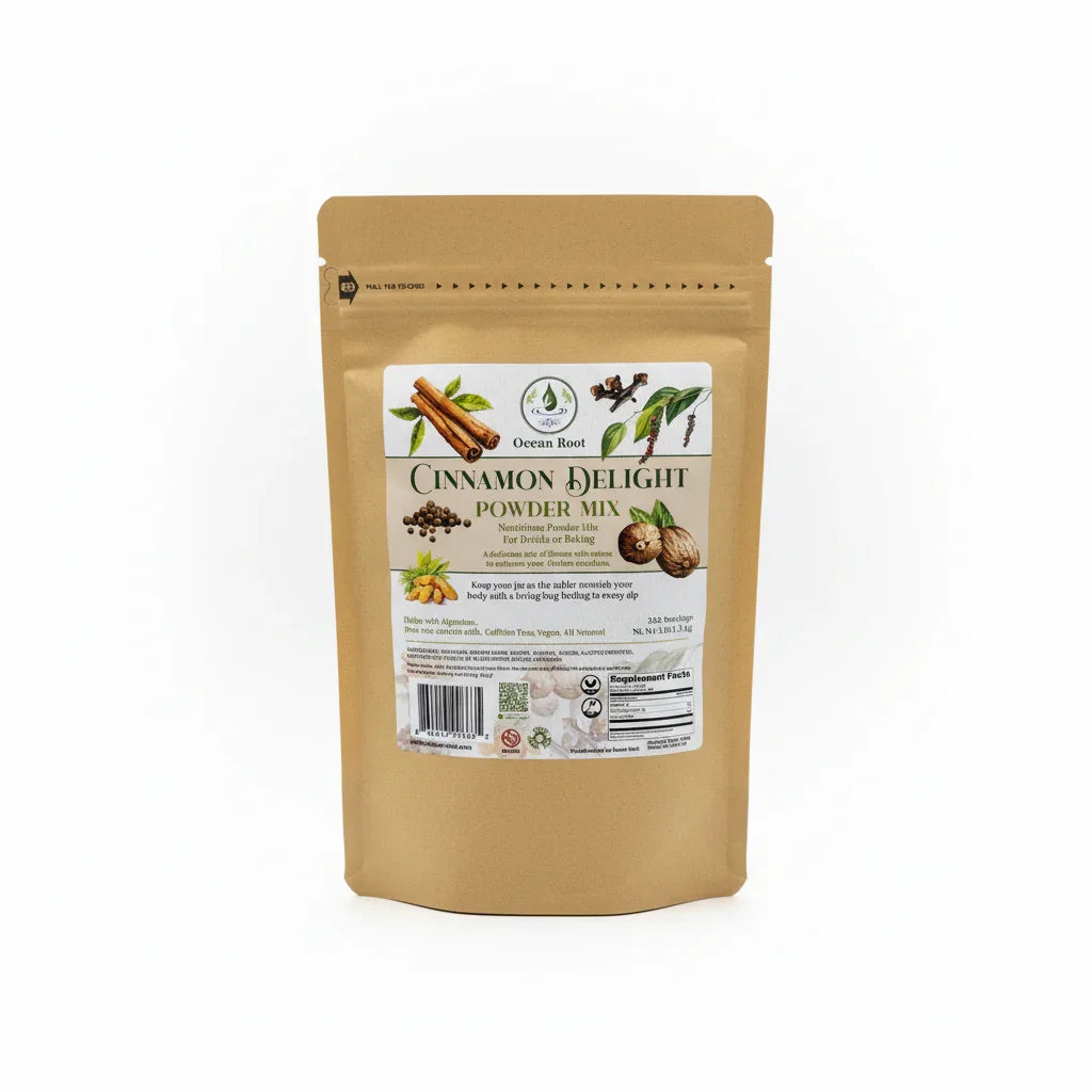 Cinnamon Delight powder mix pouch with illustrated spice ingredients on white background