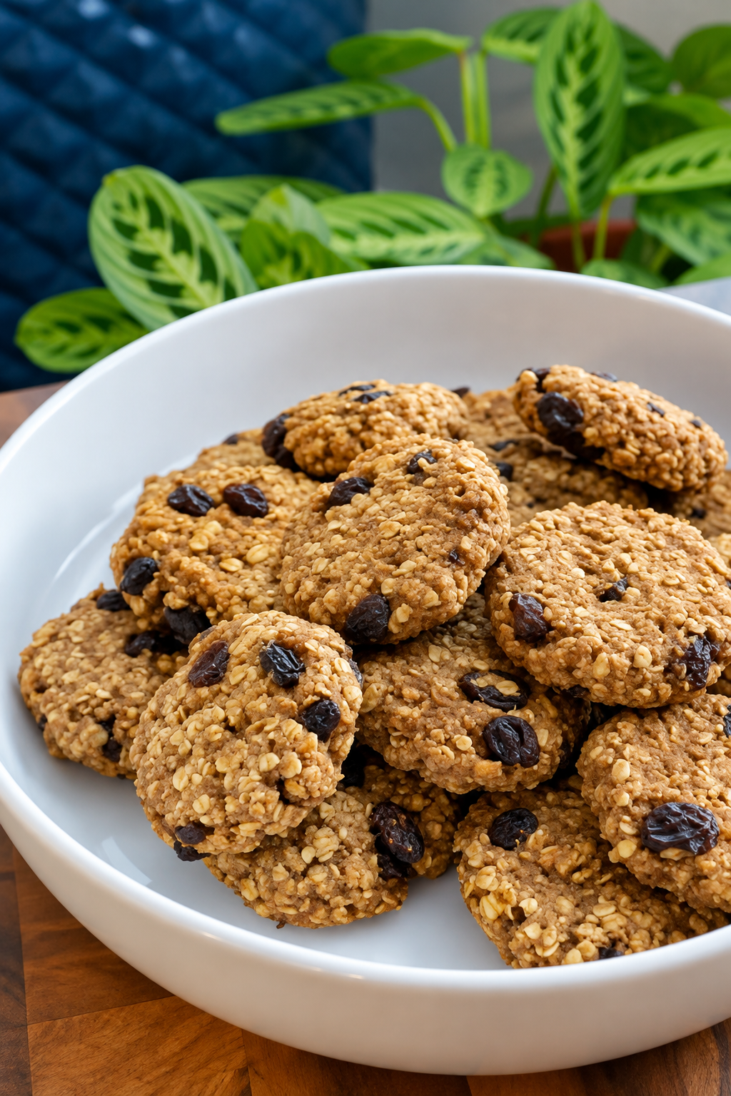 A white bowl filled with homemade 5-ingredient oatmeal raisin cookies.