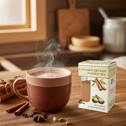 Steaming mug of cinnamon drink with Cinnamon Delight powder mix box in cozy kitchen setting