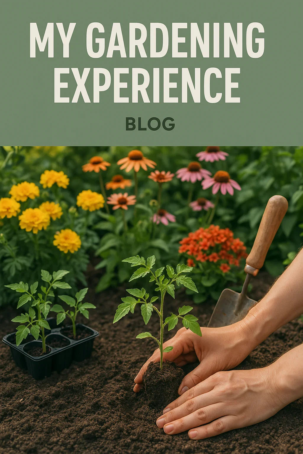 Planting young tomato seedlings in garden soil with flowers and gardening tools nearby