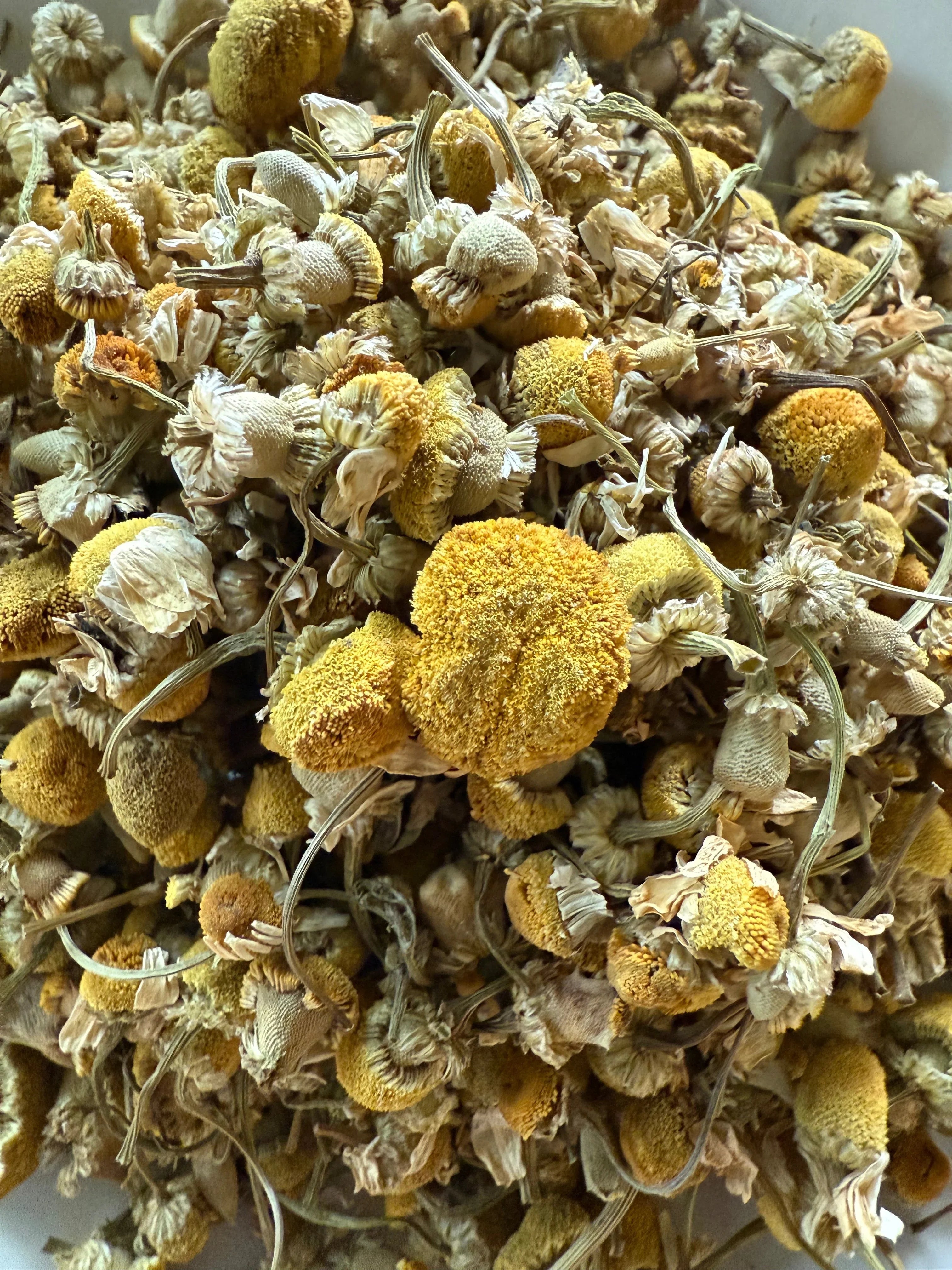 Close-up of dried chamomile flowers, showcasing yellow buds and natural textures