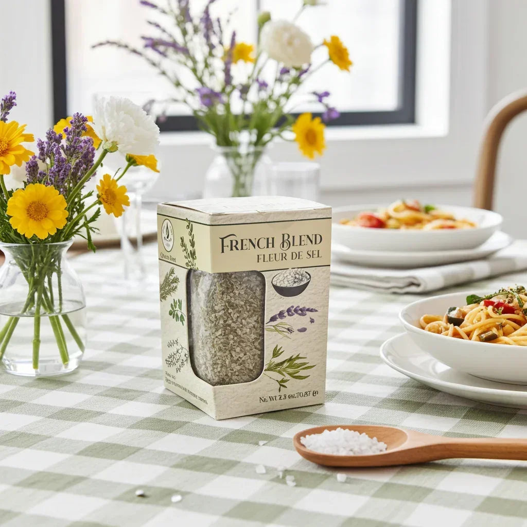 French Blend Fleur de Sel seasoning on a checkered table with flowers and pasta dishes
